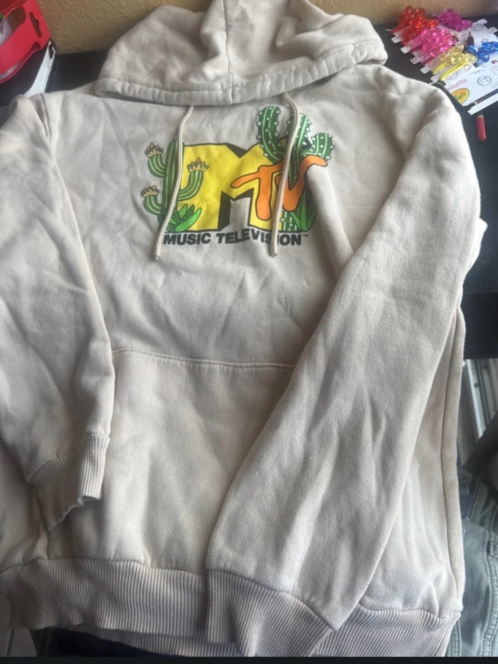 MTV Beige Hoodie with Yellow & Orange Logo and Green Cactus